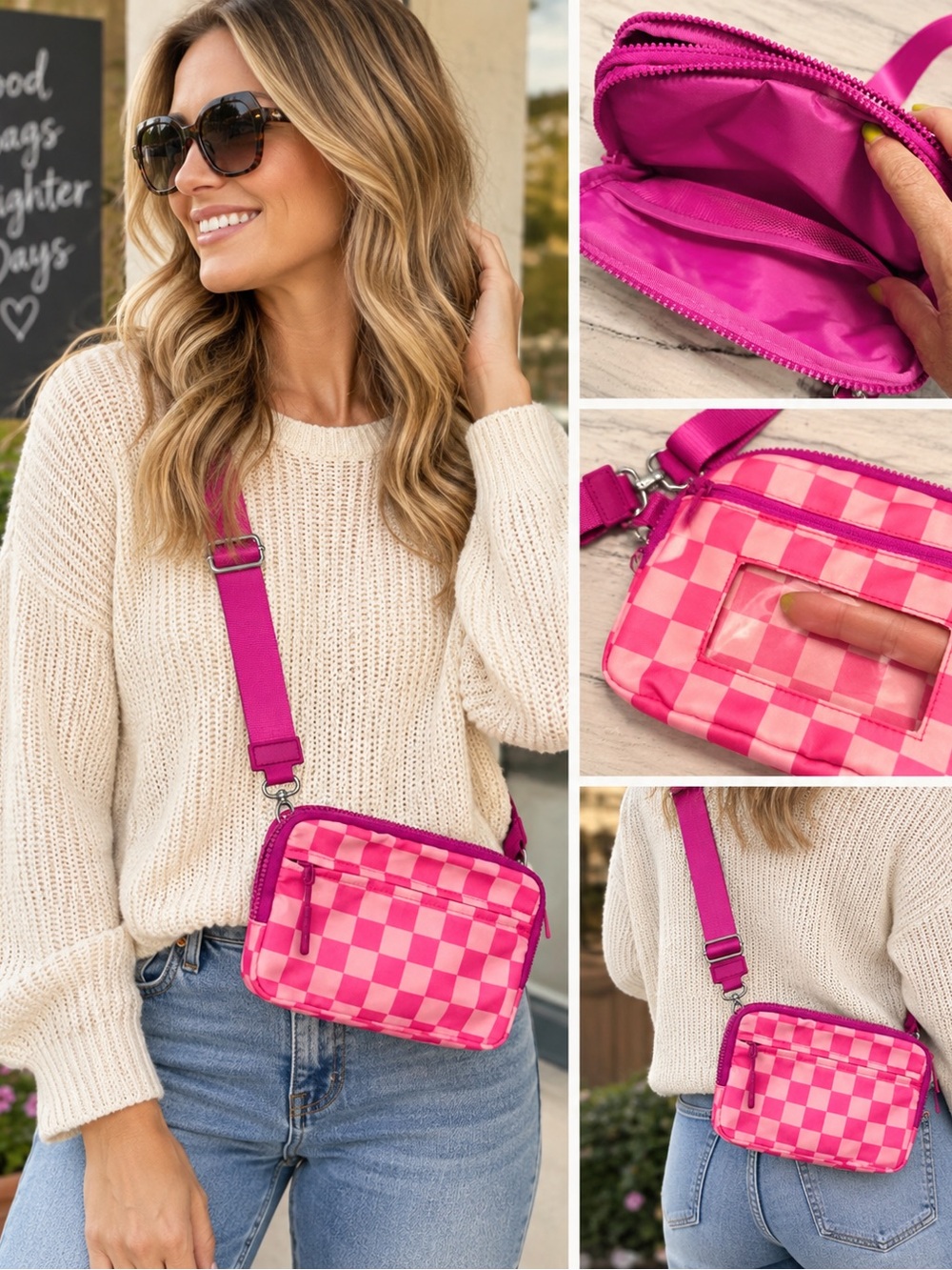 Pink Checkered Crossbody Bag - Adjustable Strap Multiple Pockets